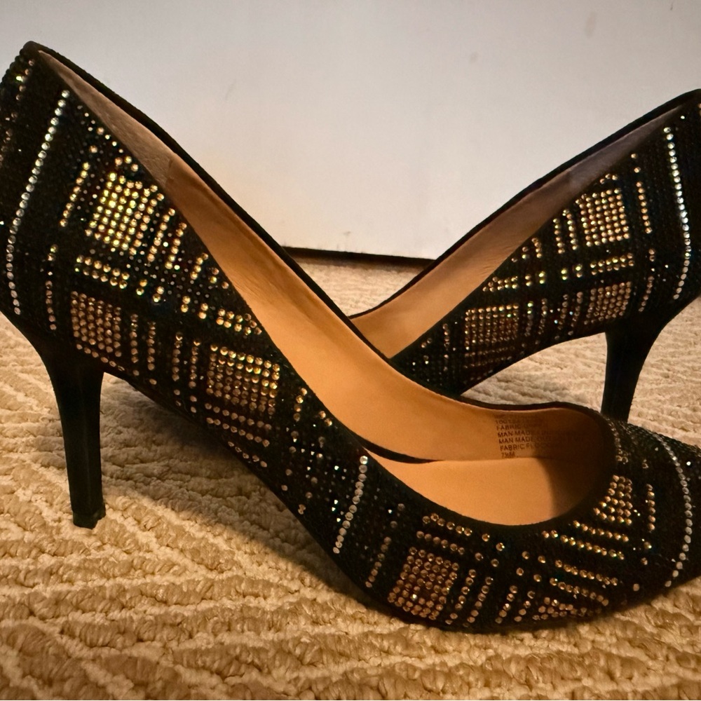 Embellished I.N.C. Black High Heel Pumps with Gold Accent